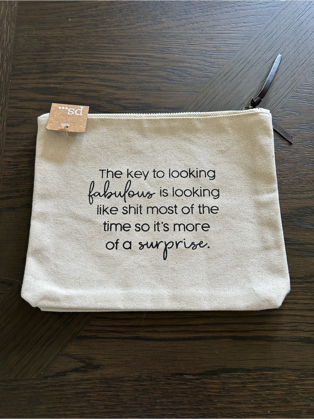 Canvas Quote Zip Pouch in Natural NWT